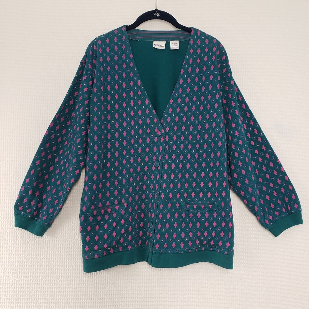 Vintage Izod 3pc Skirt Set XL Teal Pink Cardigan Henley Midi Skirt Stripe Modest - Picture 3 of 16